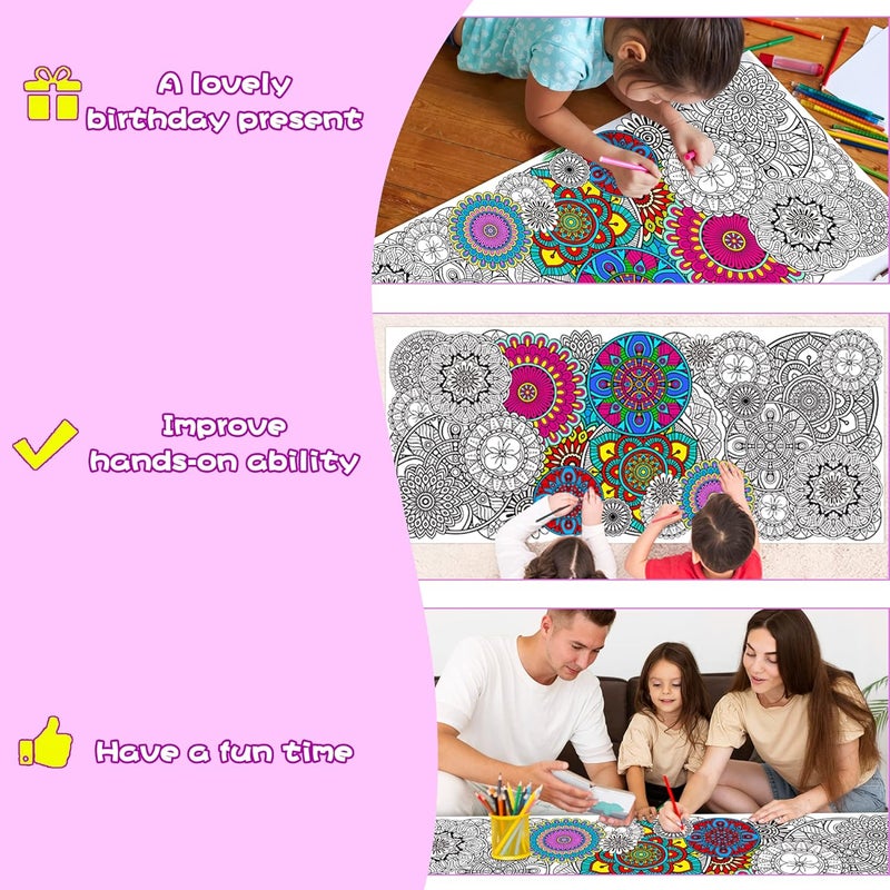Dvbonike Jumbo Mandala Coloring Poster Giant Flower Color-in Paper Poster DIY Drawing Blank Doodle Art Banner Circular Floral 55.1x23.6 inch Wall Decor, Home School Activity Party Supplies for Kids - Image 5